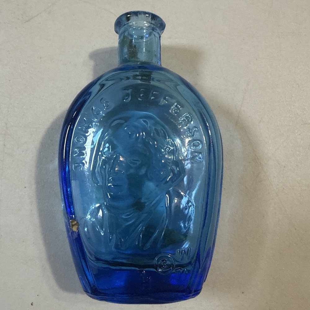 T10120-Vintage Wheaton NJ Thomas Jefferson 3" Cobalt Blue Glass Mini Bottle